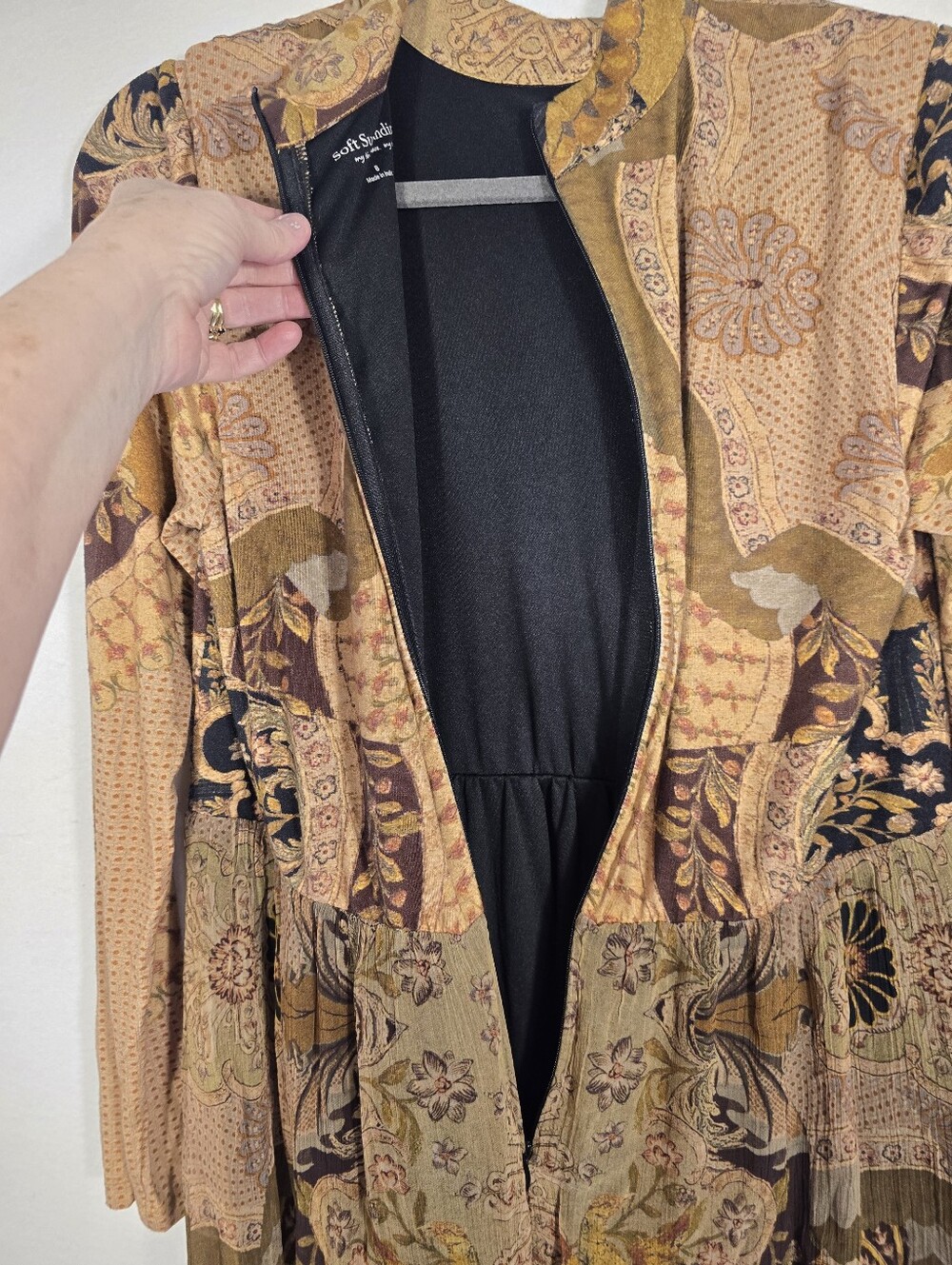 Soft Surrounding Fall Stretchy Gold Olive Baroque Lined Maxi Dress. Ladies 8 - Picture 13 of 15